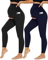 DDOBB 2 Pack Maternity Leggings Over Bump with Pockets High Waist Black Soft Belly Support Stretchy Pregnancy Pants Yoga Workout Pajama Trousers