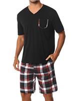 Uniexcosm Mens Pyjamas Set Short Sleeve, Summer Pyjamas for Men Short PJs Sets Top & Plaid Pants with Pockets Men's Nightwear Sleepwear Loungewear Sets for Casual Home