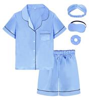 EPLAZA Kids Satin Pajamas Sets Girls Boys Button-Down Silky Pajamas Sleepwear with Hairband Eye Mask Hair Tie