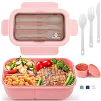 Sinnsally Lunch Box,1250ml Stackable Bento Box for Kids Adults,Packed Food Container with 3 Compartments and Cutlery Set,Layered Lunchbox,Leakproof, Rectangle,Microwave and Dishwasher Safe(Pink)