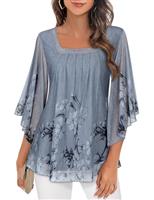 Flikity Womens Blouses Ladies 3/4 Ruffle Sleeve Tops Floral Pleats Front Flowy Tunic Tops Loose Trendy Spring Summer Autumn Clothes M-3XL