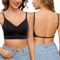PASUDA Low Back Bra for Women Backless Deep V Neck Plunge Bras Wirefree Multiway Convertible Strap Ladies Black Nude Removeable Padding Bra with Adjustable Buckle