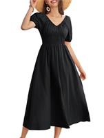 GRACE KARIN Womens Summer Puff Short Sleeve A-Line Dress Casual Maxi V-Neck Smock Ruched Cotton Dresses for Party Beach
