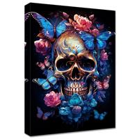 Wooden Framed Canvas Wall Art Rose Flowers and Skull Canvas