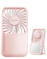 gaiatop Portable Handheld Fan, Folding Stand for Desktop, 3 Speed LED Makeup Mirror with Light, Rechargeable Mini Personal Fans Small Travel Essentials Gifts for Women Girls Pink