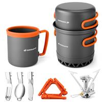 Odoland Camping Cookware Kit, 6pc Aluminium Mess Kit with Non-Stick Pot, Mini Stove, Mug, Cutlery & Storage Bag, High Efficiency Heat Exchanger Design