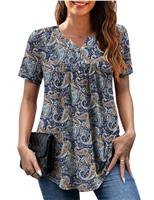 GingDin Womens Plus Size Casual V Neck Tops Short Sleeve Pleated Tunic Tops Shirts Floral Print Blouses Fashion Trendy Size 16-34