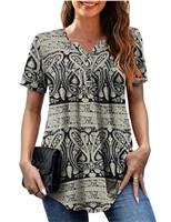 GingDin Womens Plus Size Casual V Neck Tops Short Sleeve Pleated Tunic Tops Shirts Floral Print Blouses Fashion Trendy Size 16-34