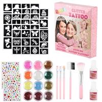 Glitter Tattoos for Kids 100+ Temporary Glitter Tattoos for Girls, 12 Colours, Gems, Brushes Glue Birthday Gifts for Girls Age 9, Waterproof, Party Tattoo Kit