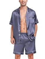 SWOMOG Pyjama Set for Men Short Sleeve Pyjamas Silk Satin Pj Set Button Down Sleepwear and Loungewear Set