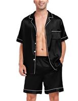 SWOMOG Pyjama Set for Men Short Sleeve Pyjamas Silk Satin Pj Set Button Down Sleepwear and Loungewear Set