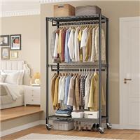 REIBII Clothes Rail, Clothes Rack, 200cm Clothes Rails for Bedroom, Metal Clothing Rail on Wheels Portable Open Wardrobe with Shelves, 200H x 40D x 90W cm, Black