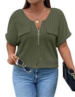 Gemulate Plus Size Tops for Women V Neck Zipper T-Shirts Oversized Ladies Tops Ribbed Short Sleeve Tunic Top Loose Casual Lightweight Shirt Blouses XL-5XL