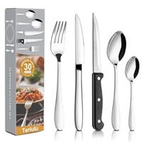30 Piece Cutlery Sets with 6 Piece Steak Knives, Stainless Steel Silver Cutlery Flatware Set, Dinnerware Fork Knife Spoon Set Service for 6, Mirror Finished & Dishwasher Safe