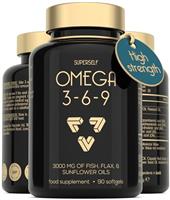 Omega 3 6 9 Capsules - High Strength 3000mg Triple Potency - Premium Fish Oil, Flaxseed & Sunflower Oil - 90 Easy to Swallow Softgel Tablets - EPA DHA ALA Omega 369 Fatty Acids