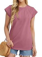 GRECERELLE Women's Summer Cotton Tops Cap Sleeves Pleated Crew Neck Ladies Casual T-Shirt