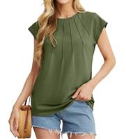 GRECERELLE Women's Summer Cotton Tops Cap Sleeves Pleated Crew Neck Ladies Casual T-Shirt