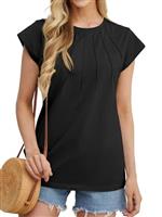 GRECERELLE Women's Summer Cotton Tops Cap Sleeves Pleated Crew Neck Ladies Casual T-Shirt