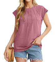 GRECERELLE Women's Summer Cotton Tops Cap Sleeves Pleated Crew Neck Ladies Casual T-Shirt