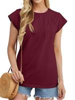 GRECERELLE Women's Summer Cotton Tops Cap Sleeves Pleated Crew Neck Ladies Casual T-Shirt