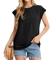 GRECERELLE Women's Summer Cotton Tops Cap Sleeves Pleated Crew Neck Ladies Casual T-Shirt