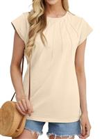 GRECERELLE Women's Summer Cotton Tops Cap Sleeves Pleated Crew Neck Ladies Casual T-Shirt