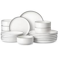 MALACASA, Series Felisa, 30-Piece Dinner Sets Red Stripes Ivory White Porcelain Dinner Service Set with 6 Cups/Saucers/Dessert Plates/Soup Plates/Dinner Plates
