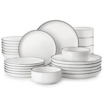 MALACASA 24 Pieces Modern Porcelain Dinner Sets for 8 People, Ivory White Plates and Bowls Sets with Black Rim, Kitchen Crockery Set Ceramic Dinnerware Sets, Microwave Dishwasher Safe, Series Luna