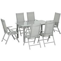 Outsunny 7 Piece Garden Dining Set, Outdoor Table and 6 Folding and Reclining Chairs, Aluminium Frame, Tempered Glass Top Table, Texteline Seats