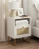 HEYZOEY Rattan Bedside Table,Modern Boho Bedside Table Farmhouse Wood Nightstand with Storage Drawer