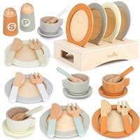 Wooden Tea Set for Toddlers Toy Kitchen Accessories 27 PCS Kids Pots and Pans Playset Wooden Play Food for Toddlers Girls Boys Age 2 3 4
