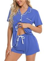SWOMOG Women Pyjamas Set Short Sleeve Sleepwear Womens Button Down Nightwear PJ Set with Pockets