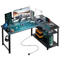 COMHOMA L Shaped Gaming Desk with Power Outlets Corner Computer Desk 110x80CM with Shelves Headphone Hook PC Table Workstation for Home Office Bedroom