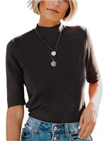 Dressmine Womens 3/4 Sleeve Tops Cotton Mock Turtle Neck Shirts Dressy Casual Slim Fitted Half Sleeve Cute Plain T Shirt