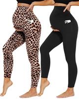 DDOBB 2 Pack Maternity Leggings Over Bump with Pockets High Waist Black Soft Belly Support Stretchy Pregnancy Pants Yoga Workout Pajama Trousers