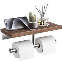Tindbea Toilet Paper Holder with Wood Shelf, Wooden Wall Mount Tissue Paper Roll Holder, Matte Black Stainless Steel Bathroom Accessories Decor