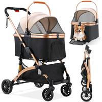 Dog Stroller, Foldable Pet Stroller, 3 in 1 Dog Cat Pushchair with Storage Basket Net Window Cup Holder, 360 Wear-Resistant Rubber Wheels Dog Travel Carrier, for Small Dogs & Cats