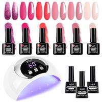 Gel Nail Kit - 6 Color Gel Polishes, UV Lamp, Glossy & Matte Top & Base Coat, Pink, Gray, White - DIY Nail Art Set