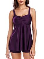 FLYILY Women 2 Pieces Tankini Sets Twist Front Tankini Top with Boyshorts Tummy Control Swimwear Floral Bathing Suit