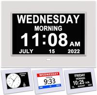Yuanzeco Alarm Clock With Day And Date For Elderly 3Displays 7inch Digital Calendar Day Clock Photo Frame- Auto Dimmable Display 15 Alarm Options, Day Clock with Non-Abbreviated Day & Month