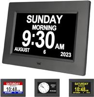 Yuanzeco Alarm Clock with 3 Displays - 7" Digital Calendar Day Clock & Photo Frame - Auto Dimmable, 15 Alarm Options