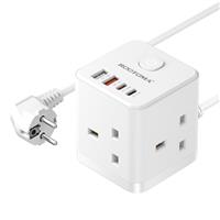Travel Plug Adapter with 1.5M Extension Cable 3 Way 3 Fast Charging USB (QC3.0/PD20W) Compact Cube European EU US Australia South Africa India Swiss Italy for travel