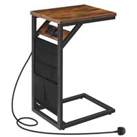 HOOBRO C Shaped Side Table with Charging Station, Sofa Side Table with Storage Bag, Narrow Bedside Table with Power, Laptop Table for Sofa, Small Spaces, Living Room, Rustic Brown and Black EBF28KSF01