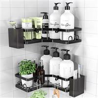 PKBD Corner Shower Caddy 3 Pack,Bathroom Storage No Drilling,shower storage with Soap Holder&Hooks&Toothpaste Holders,Bathroom or Kitchen,Rustproof Stainless Steel suction bathroom accessories,Black