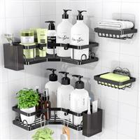 PKBD Corner Shower Caddy 3 Pack,Bathroom Storage No Drilling,shower storage with Soap Holder&Hooks&Toothpaste Holders,Bathroom or Kitchen,Rustproof Stainless Steel suction bathroom accessories,Black