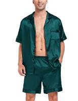 SWOMOG Pyjama Set for Men Short Sleeve Pyjamas Silk Satin Pj Set Button Down Sleepwear and Loungewear Set