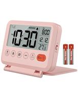 MeesMeek Travel Alarm Clock: 2-Level Backlight, 2 Volumes, 12/24H, Calendar, Temperature, Weekend Mode, Snooze, Folding Cover, Battery Operated Small Digital Clock