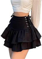 Gothic Street Sexy Bandage Ruffle Tiered Skirt Women High Waist Solid Criss Cross Tie Up A-Line Mini Skirt Pleated Skirts