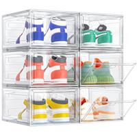 TidyTrove Shoe Storage Box, 6 Pcs Shoe Box Clear Plastic Stackable, Sturdy Foldable Shoe Organizer Containers with Magnetic Door for Women/Men, Black