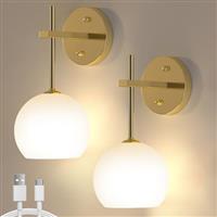 LABOREDUCER Gold Battery Rechargeable Wall Lights Set of 2, Sconces Wall Lamps with Frosted Glass, Wireless LED Color Changing Wall Mounted Lighting, Wall Lamp for Bedroom, Living Room, Staircase